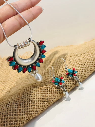 925 Coral Turquoise Stone Pendant Set